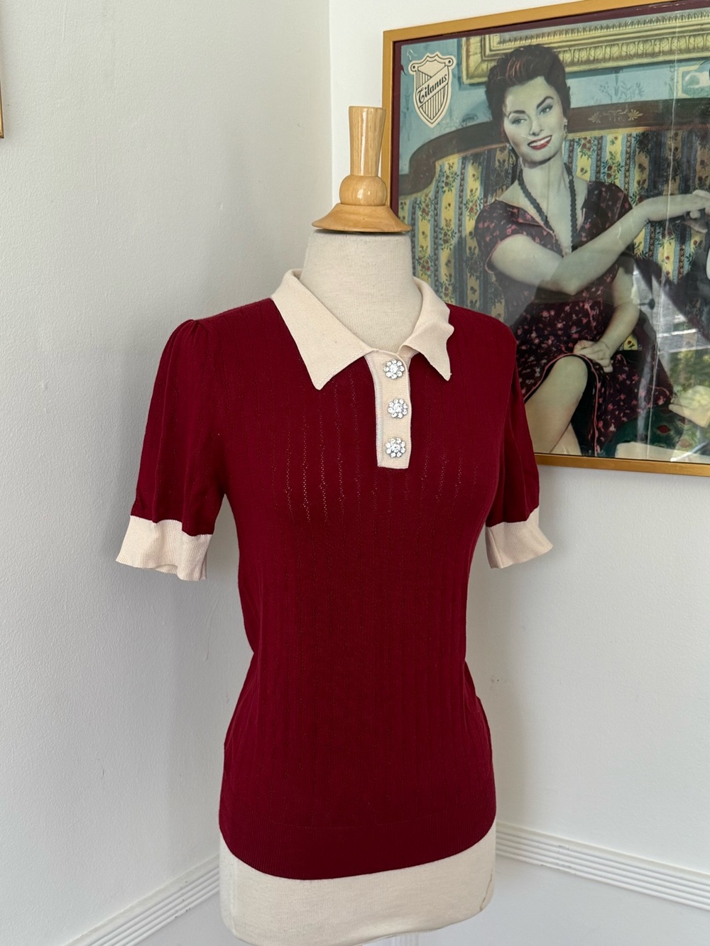 Unique Vintage — Burgundy Knit Polo Top with Cream Collar